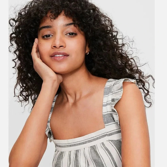 Loft Striped Ruffle Shoulder Linen Blend Shell Tank - Picture 4 of 8